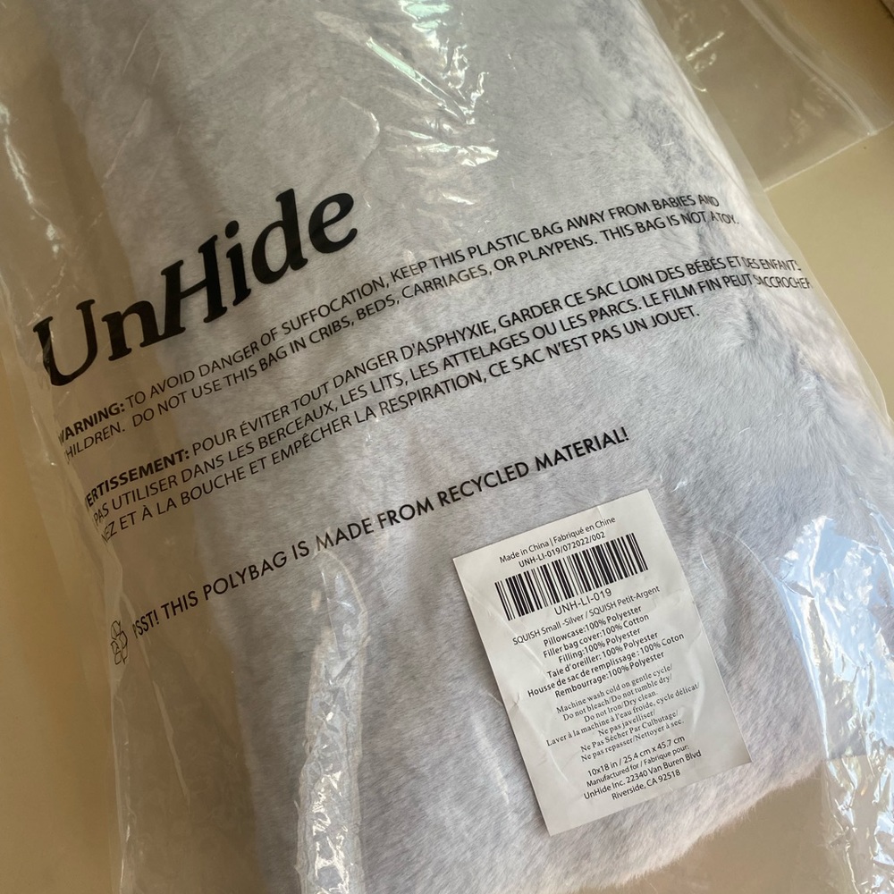 NWT Unhide Squish Small Silver Pillow 10x18in